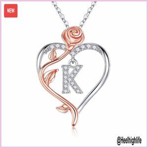 925 Sterling Silver Rose Heart Initial Necklace with CZ, 20" Chain